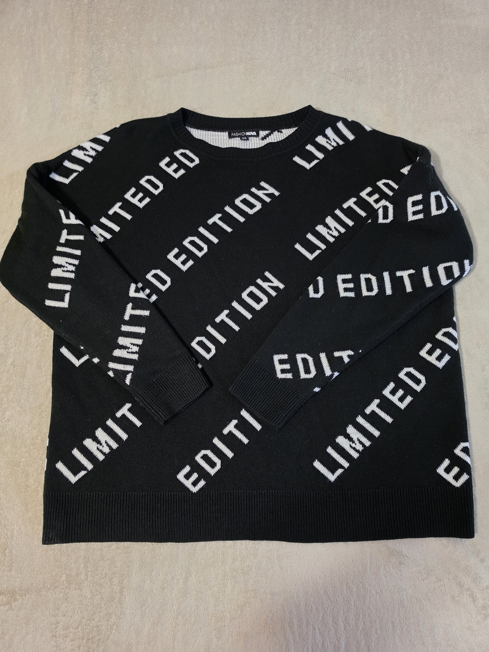 Fashion Nova Black Crewneck Sweater with White 'LIMITED EDITION' Text Size:XS